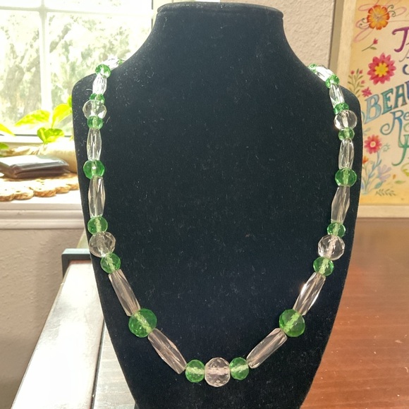 Vintage Uranium Glass and Faceted Crystal Bead Necklace 24”